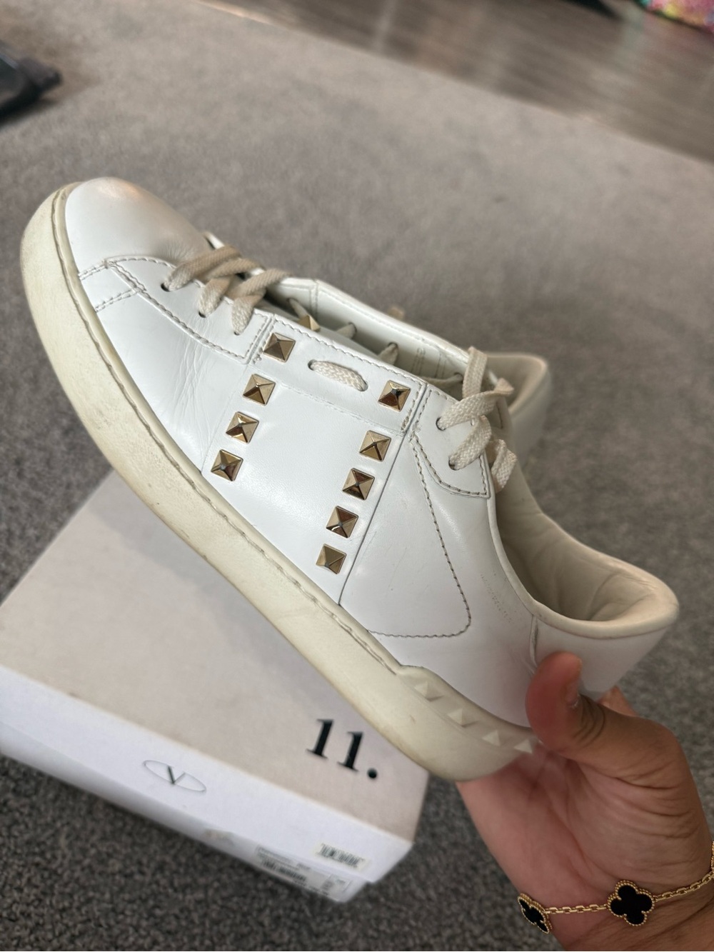 Valentino Garavani White Leather Sneakers with Gold Studs